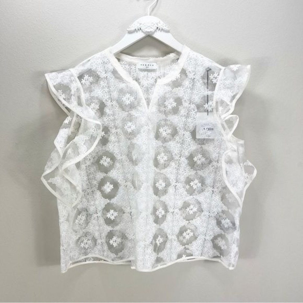Sandro Floral Victoria Embroidered Lace Top White Floral Ruffle Sheer Sz 3 US L - Picture 2 of 8